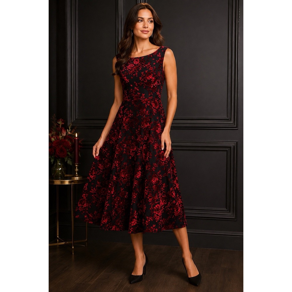 Betsey Johnson Size 6 Black Red Velvet Floral Burnout Midi Dress Gothic